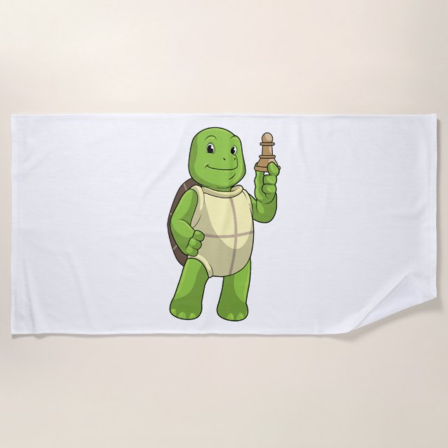 Turtle At Chess With Chess Piece Pawn Beach Towel (Front)