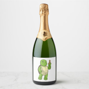 Turtle At Chess With Chess Piece Pawn Sparkling Wine Label