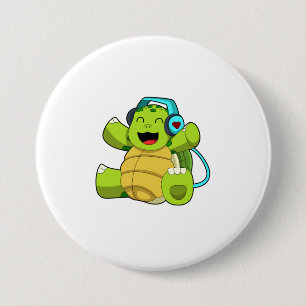 Turtle at Music with Headphone 7.5 Cm Round Badge