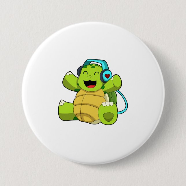 Turtle at Music with Headphone 7.5 Cm Round Badge (Front)