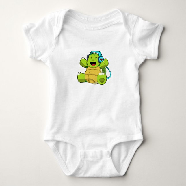 Turtle at Music with Headphone Baby Bodysuit (Front)