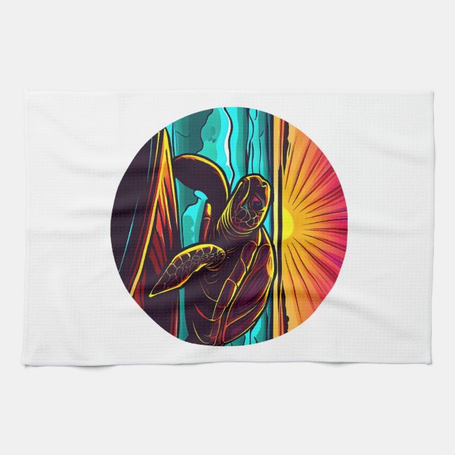 Turtle at Sunset, Inspiring Nature Design Tea Towel (Horizontal)