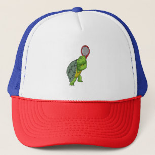 Turtle at Tennis with Tennis racket Trucker Hat
