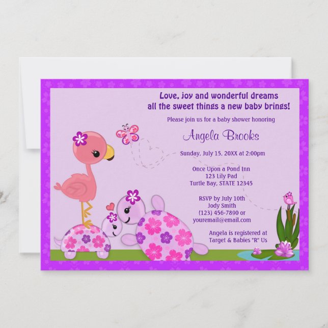 TURTLE Baby Shower Invitation Pond Flamingo PURPLE (Front)