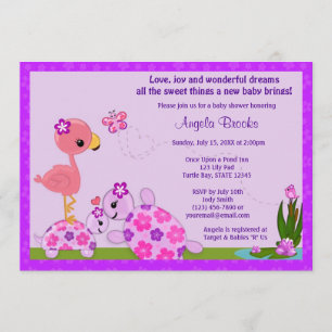 TURTLE Baby Shower Invitation Pond Flamingo PURPLE