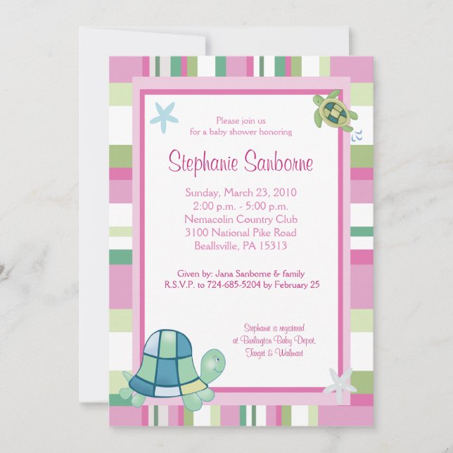 Turtle Bay Pink Stripe Girl Baby Shower 5x7 Invitation (Front)