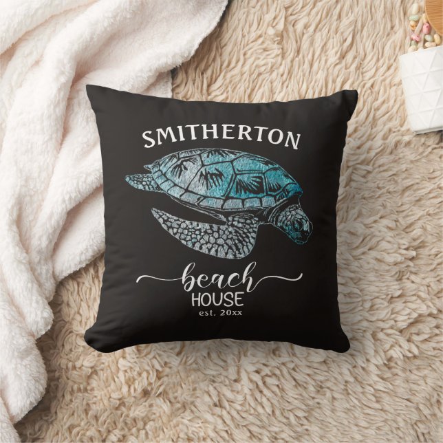 Turtle Black Turquoise Beach House Family Name  Cushion (Blanket)