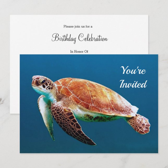 Turtle Blue Water Sea Photo Birthday Invitation (Front/Back)