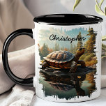 Turtle by Forest Lake Reflection  Mug<br><div class="desc">Enjoy the serene beauty of nature with the Turtle by Forest Lake Reflection Mug. This charming mug features a detailed image of a turtle resting on a rock by a tranquil forest lake, with the peaceful scenery and clear water beautifully reflected. Customised with your name, it adds a personal and...</div>