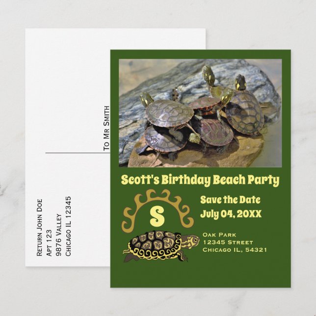Turtle Cartoon Birthday Beach Party Photo Invitation Postcard (Front/Back)