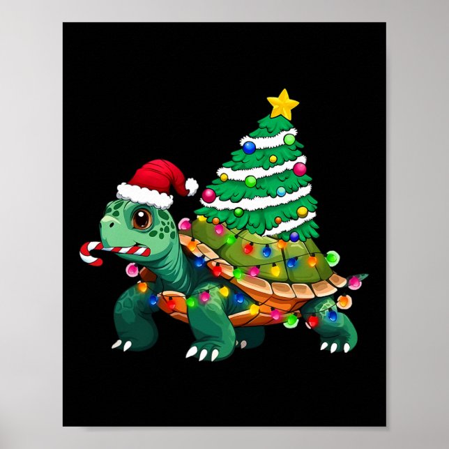 Turtle Christmas Tree Lights Santa Hat Turtle Ocea Poster (Front)