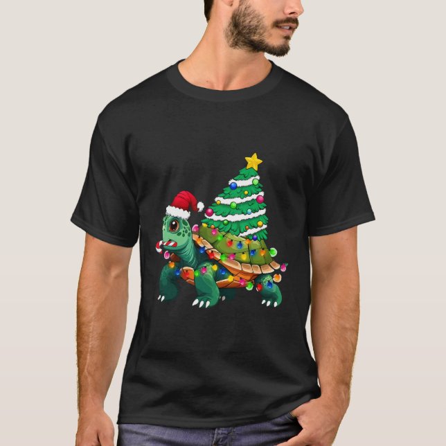 Turtle Christmas Tree Lights Santa Hat Turtle Ocea T-Shirt (Front)