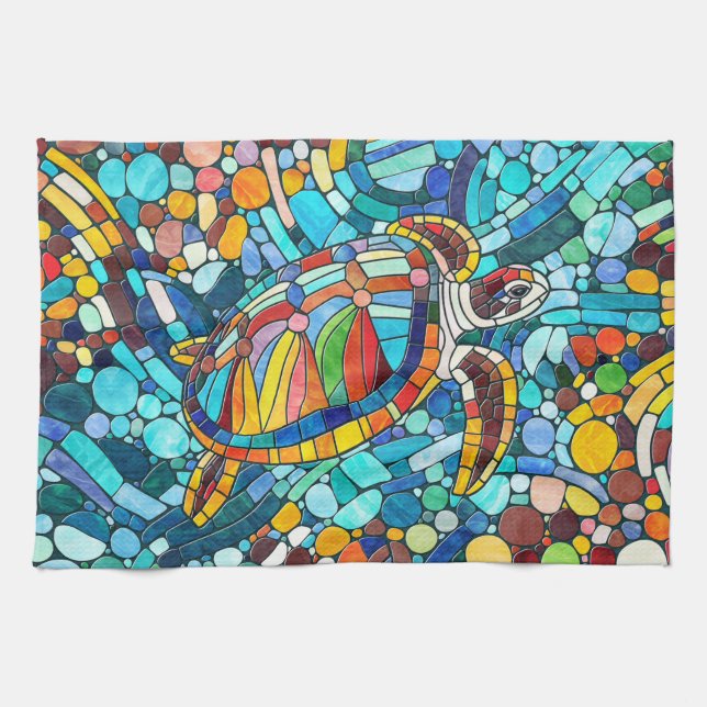 Turtle Colourful  mosaic art Tea Towel (Horizontal)