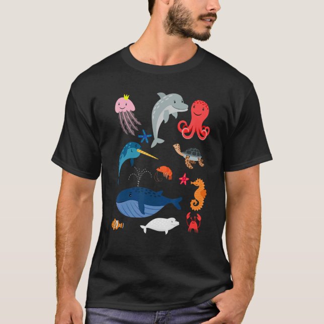 Turtle Dolphin Jellyfish Whale Fishes For Kids T-Shirt (Front)