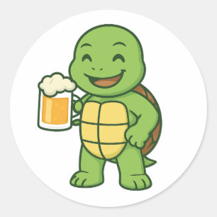 Turtle drinking beer classic round sticker