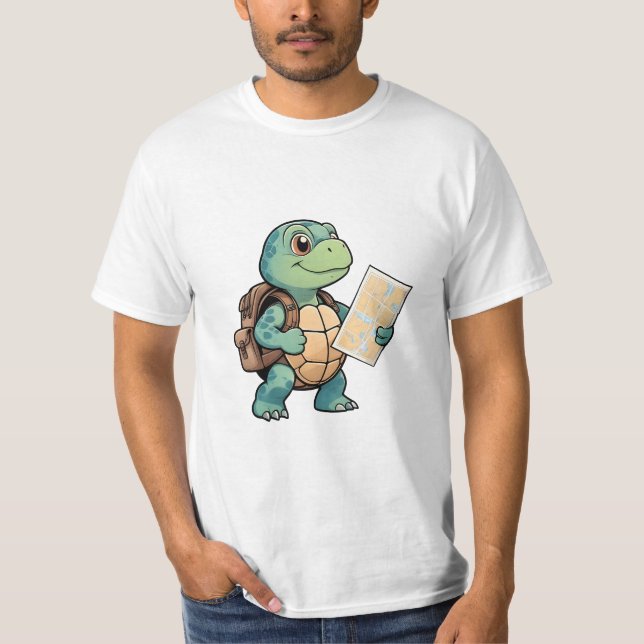 Turtle Explorer with Map – Cute Travel Art. T-Shirt (Front)