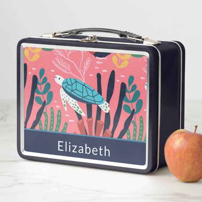 Turtle Ferns Ocean Sea Pink Child Kids Personalise Metal Lunch Box (In Situ)