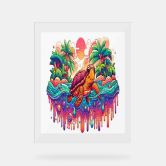 Turtle Floats in Liquid Garden. Acrylic Sign