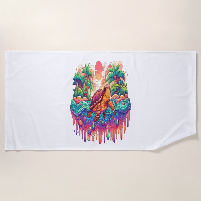 Turtle Floats in Liquid Garden. Beach Towel (Front)