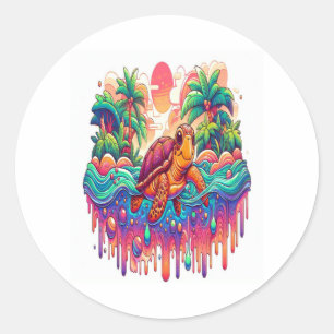 Turtle Floats in Liquid Garden. Classic Round Sticker