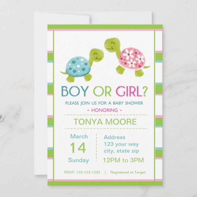 Turtle Gender Reveal Baby Shower Inivtation Invitation (Front)