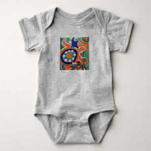 Turtle graphic in turquoise&orange on baby romper bodysuit