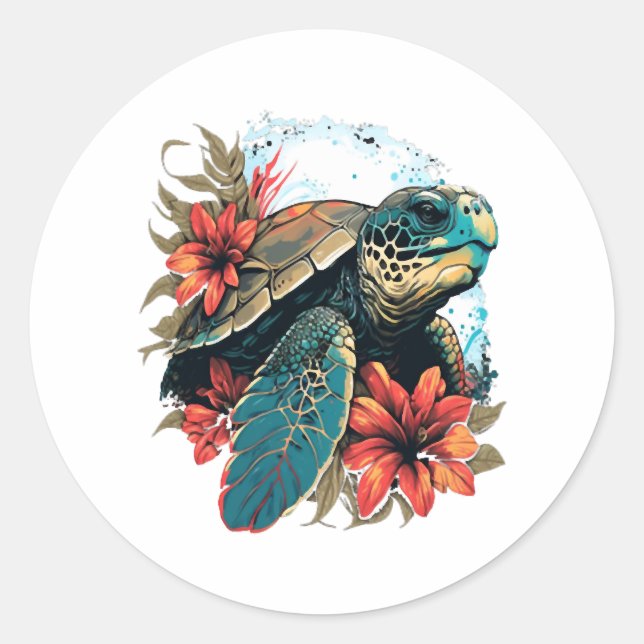 Turtle Hawaiian Sea Turtles Hibiscus Flower Classic Round Sticker (Front)