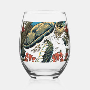 Turtle Hawaiian Sea Turtles Hibiscus Flower Copy C Stemless Wine Glass