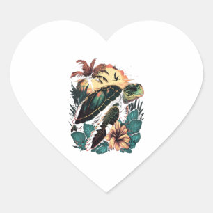 Turtle Hawaiian Sea Turtles Hibiscus Flower Heart Sticker