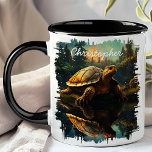 Turtle in Forest Reflection Mug<br><div class="desc">Sip your favourite beverage with the Turtle in Forest Reflection Mug. This charming mug features a detailed image of a turtle resting by a tranquil forest lake, with the serene landscape beautifully reflected in the water. Customised with your name, it adds a personal and unique touch. Perfect for coffee, tea,...</div>