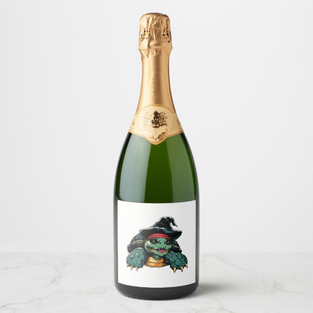 Turtle in Witch Hat Halloween Spooky Fun Sparkling Wine Label (Front)