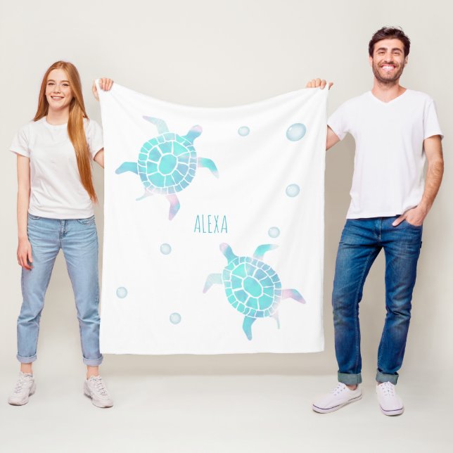 Turtle Kids Under The Sea Watercolor Pastel Fleece Blanket (In Situ)