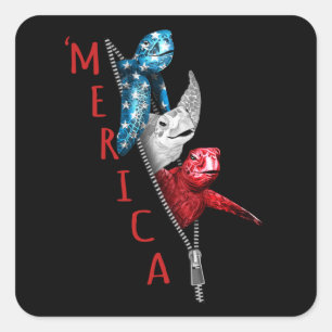 Turtle Merica Turtle In Zipper Funny American Flag Square Sticker