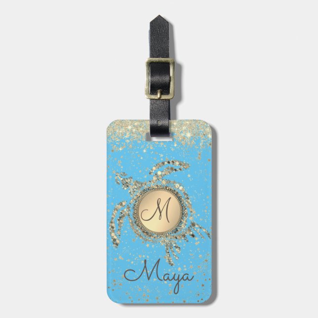 Turtle Monogram Stars on Blue Luggage Tag (Front Vertical)