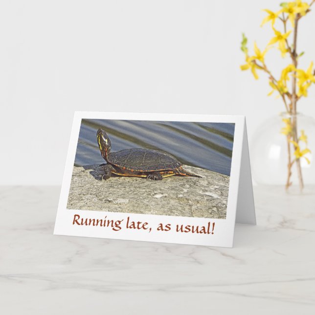 TURTLE ON ROCK/BELATED BIRTHDAY CARD/CUSTOMIZABLE CARD (Yellow Flower)