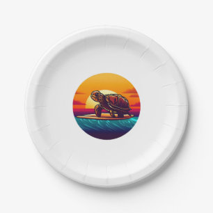 Turtle on Surfboard Sunset Paper Plate