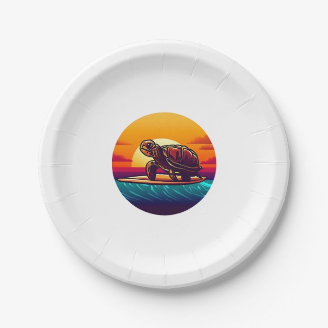 Turtle on Surfboard Sunset Paper Plate (Front)