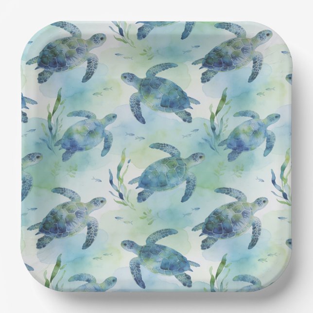 Turtle Paper Plates, Watercolor Sea Turtle Plate (Front)