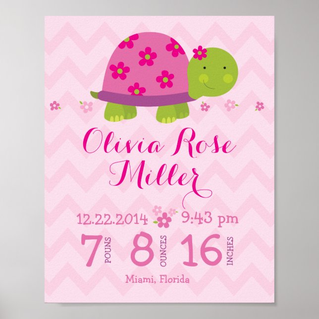 Turtle Pink Personalised Birth Stats Announcement Poster (Front)