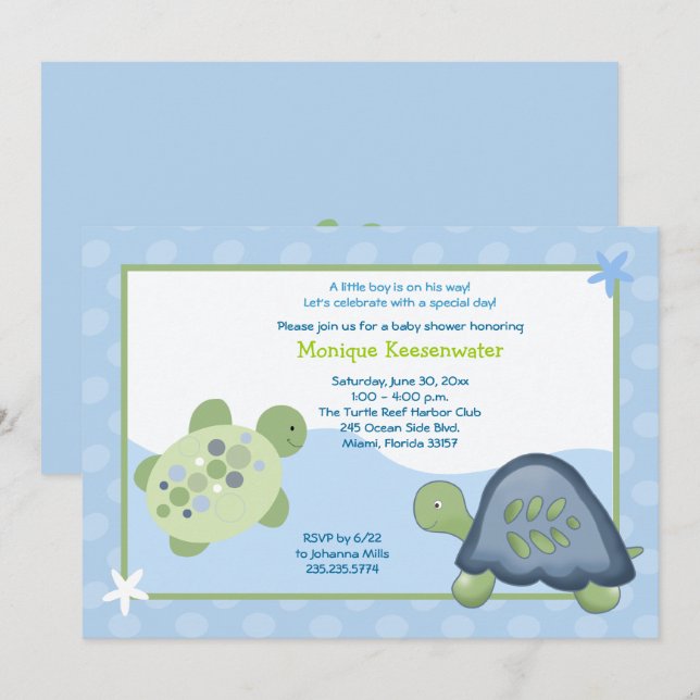 Turtle Reef Baby Shower Invitation - Light Blue (Front/Back)