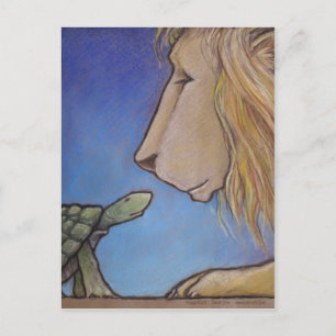 turtle regards lion postcard