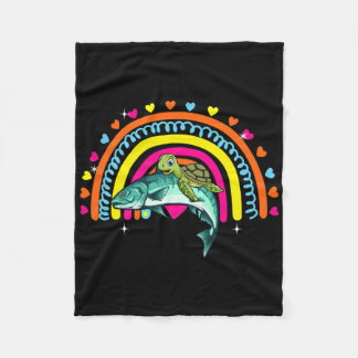 Turtle Riding Salmon Fish Funny Animal Lover Rainb Fleece Blanket