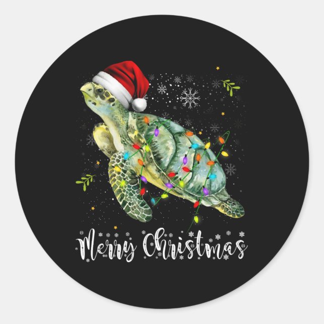 Turtle Santa Hat Merry Christmas Lights Xmas Holid Classic Round Sticker (Front)