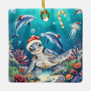 Turtle Santa Hat Under the Sea Christmas Party Ceramic Ornament
