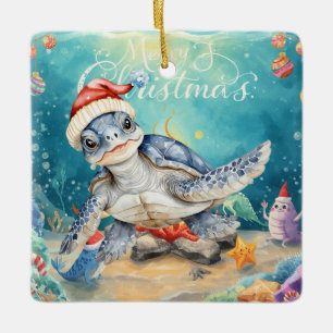 Turtle Santa Hat Under the Sea Christmas Party Ceramic Ornament