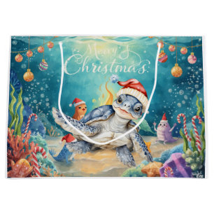 Turtle Santa Hat Under the Sea Christmas Party Large Gift Bag