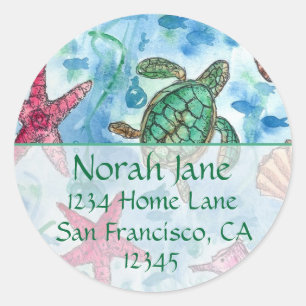 Turtle Sea Creatures Blue Return Address Classic Round Sticker