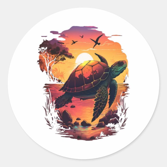 Turtle Sea Ocean Seashore Tropical Beach Sunset Classic Round Sticker (Front)