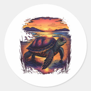 Turtle Sea Ocean Seashore Tropical Beach Sunset Classic Round Sticker