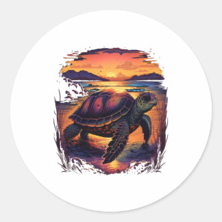 Turtle Sea Ocean Seashore Tropical Beach Sunset Co Classic Round Sticker